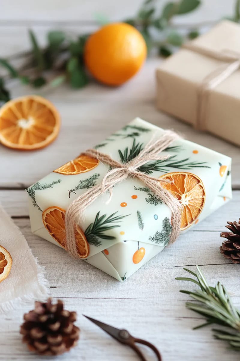 beeswax wrap bundles tied with dried orange slices and pinecones 1