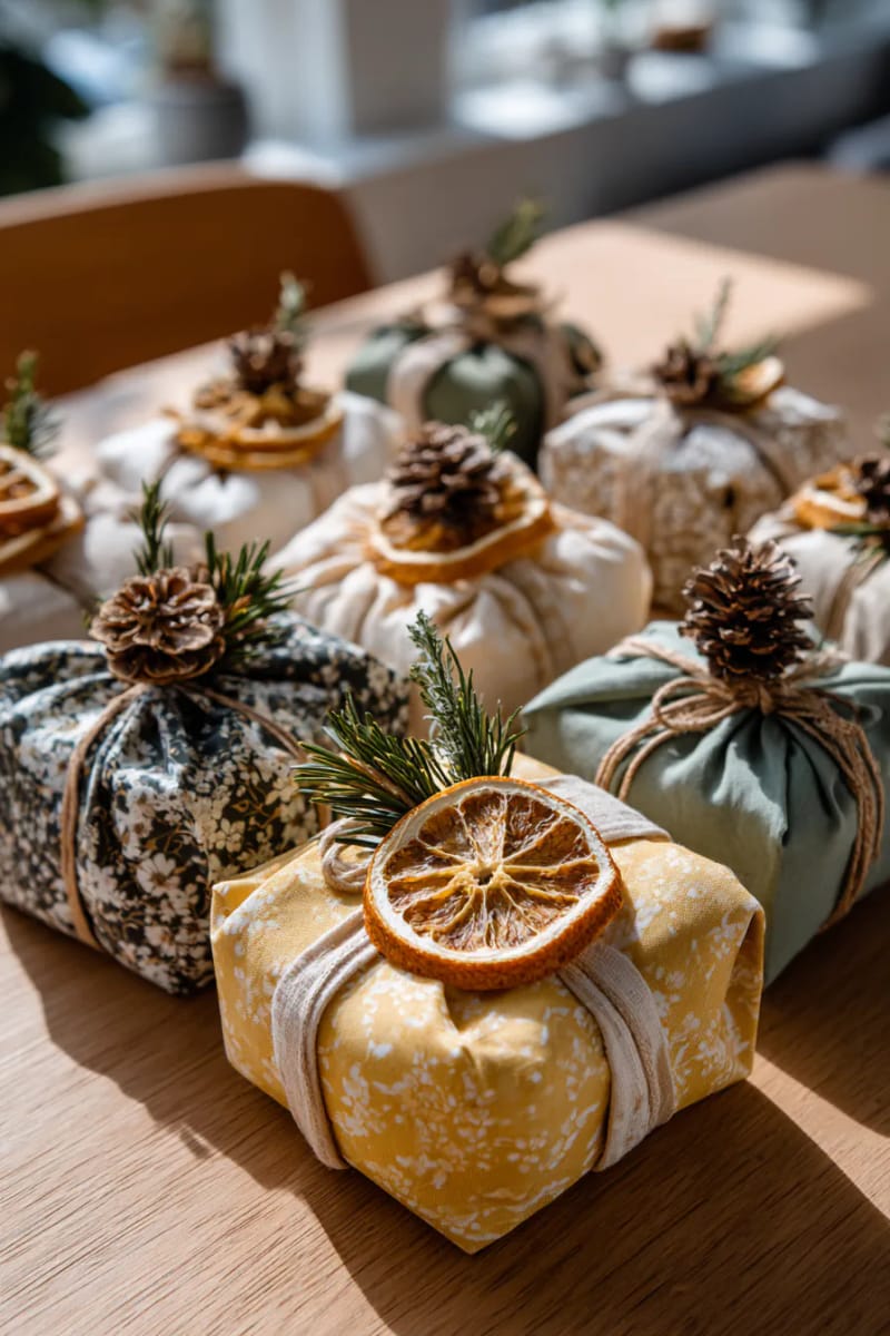 beeswax wrap bundles tied with dried orange slices and pinecones 1