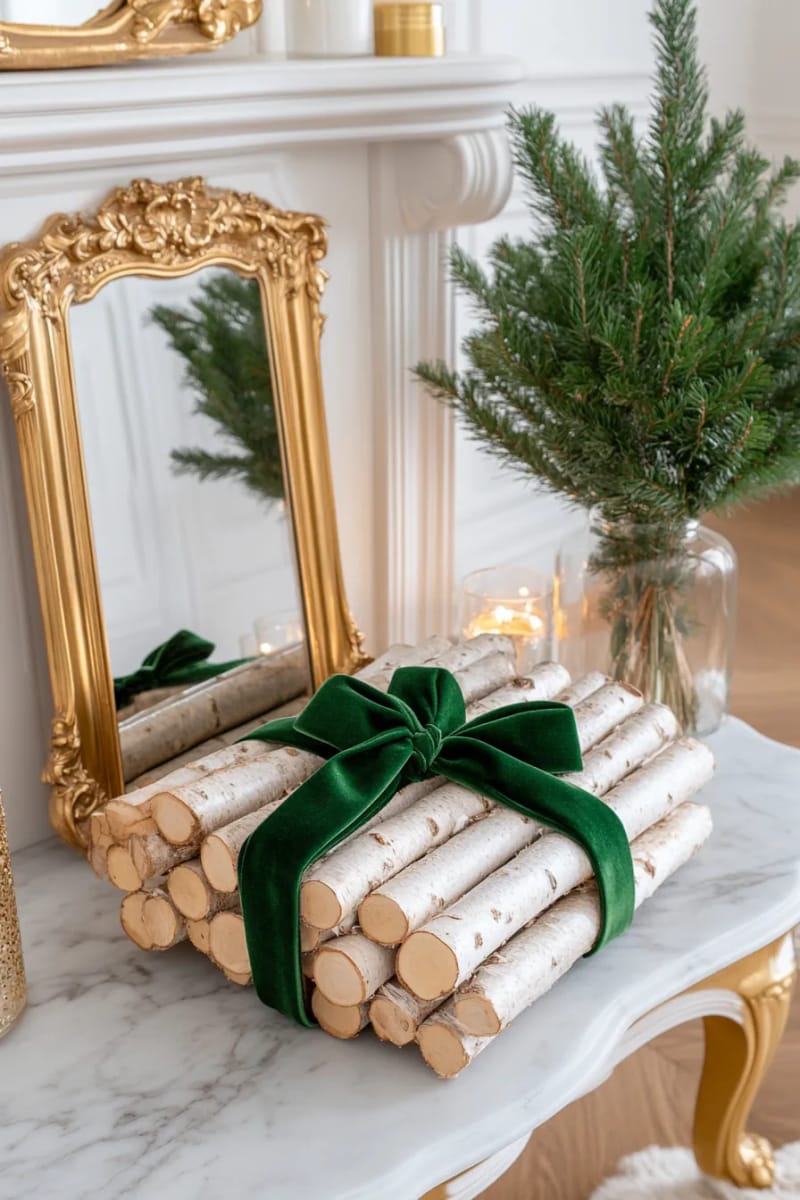 25 Tasteful Christmas Decor Ideas for a Cozy Holiday Home 104 birch log bundle tied with velvet ribbon for a luxe accent 1