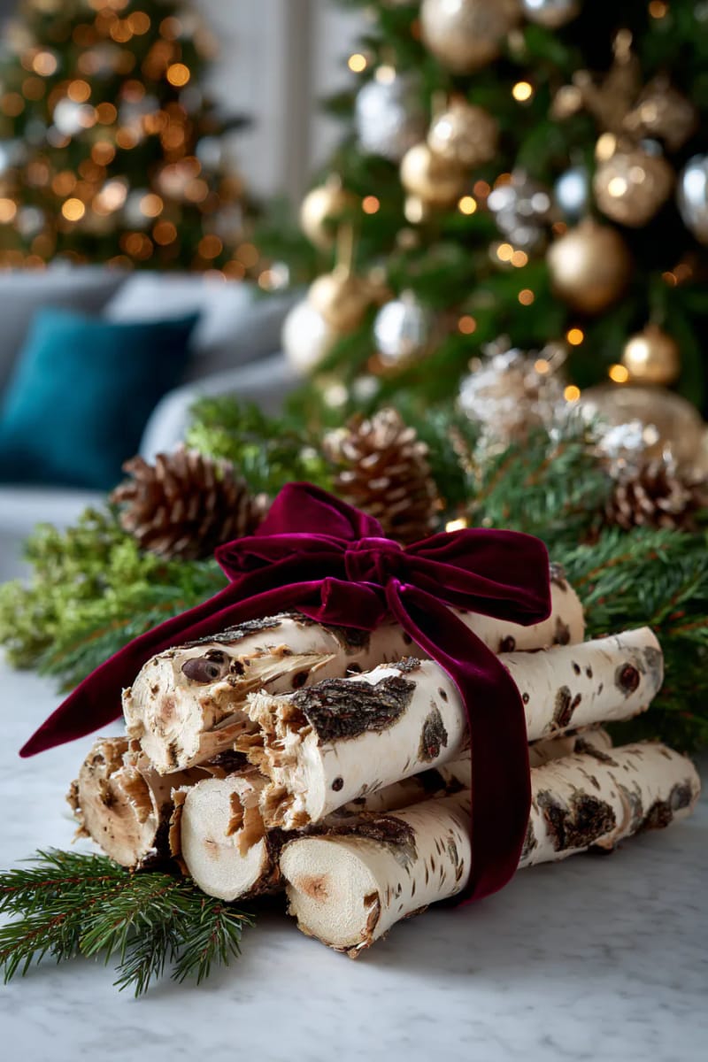 25 Tasteful Christmas Decor Ideas for a Cozy Holiday Home 107 birch log bundle tied with velvet ribbon for a luxe accent 1