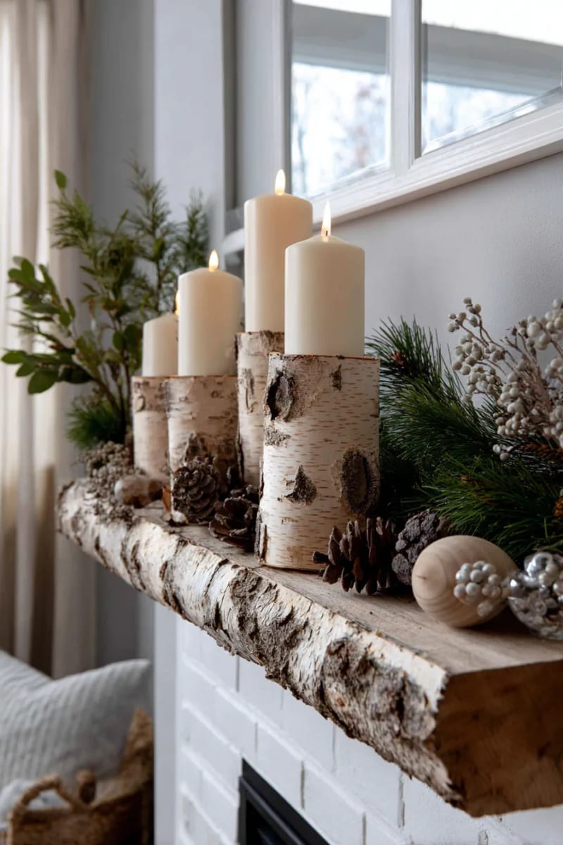birch log candle holders with ivory taper candles for mantle decor 1