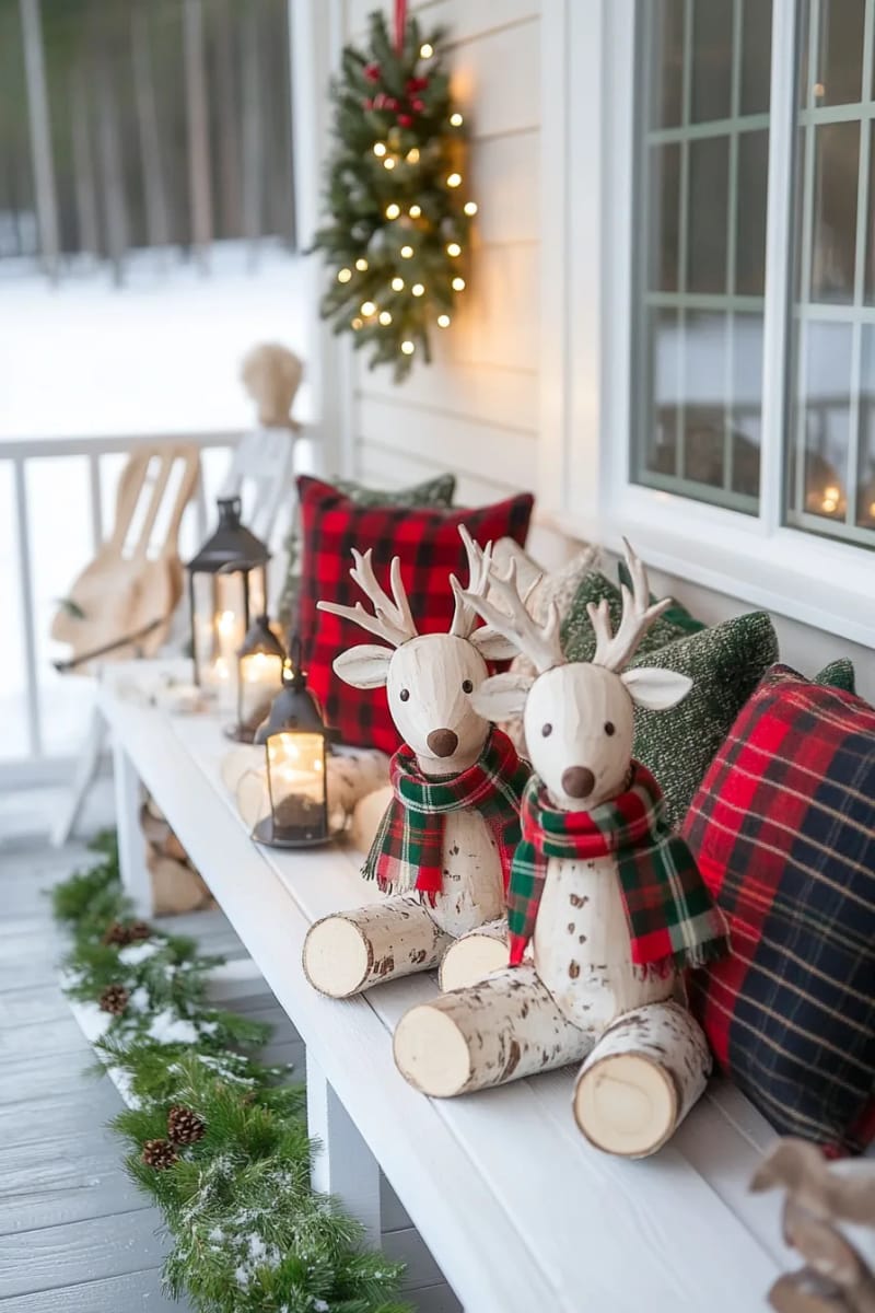 27 Rustic Christmas Decoration Ideas For Your Farmhouse 29 birch log reindeer with plaid ribbon scarves 1