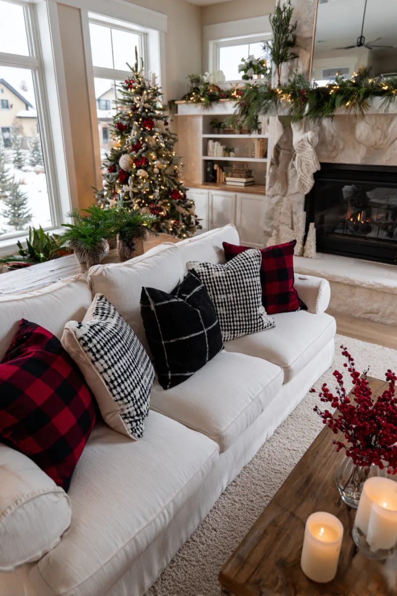 black and white buffalo plaid pillows on a cozy christmas living room sofa 1