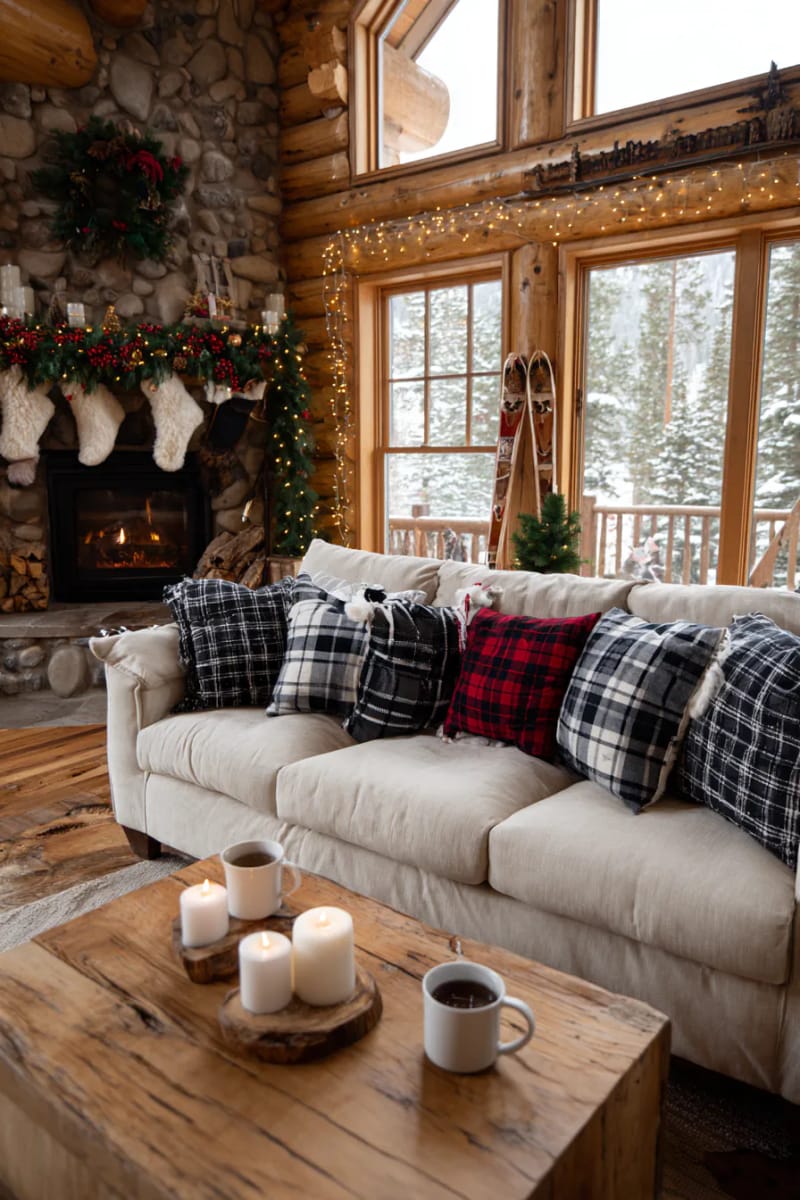black and white buffalo plaid pillows on a cozy christmas living room sofa 1