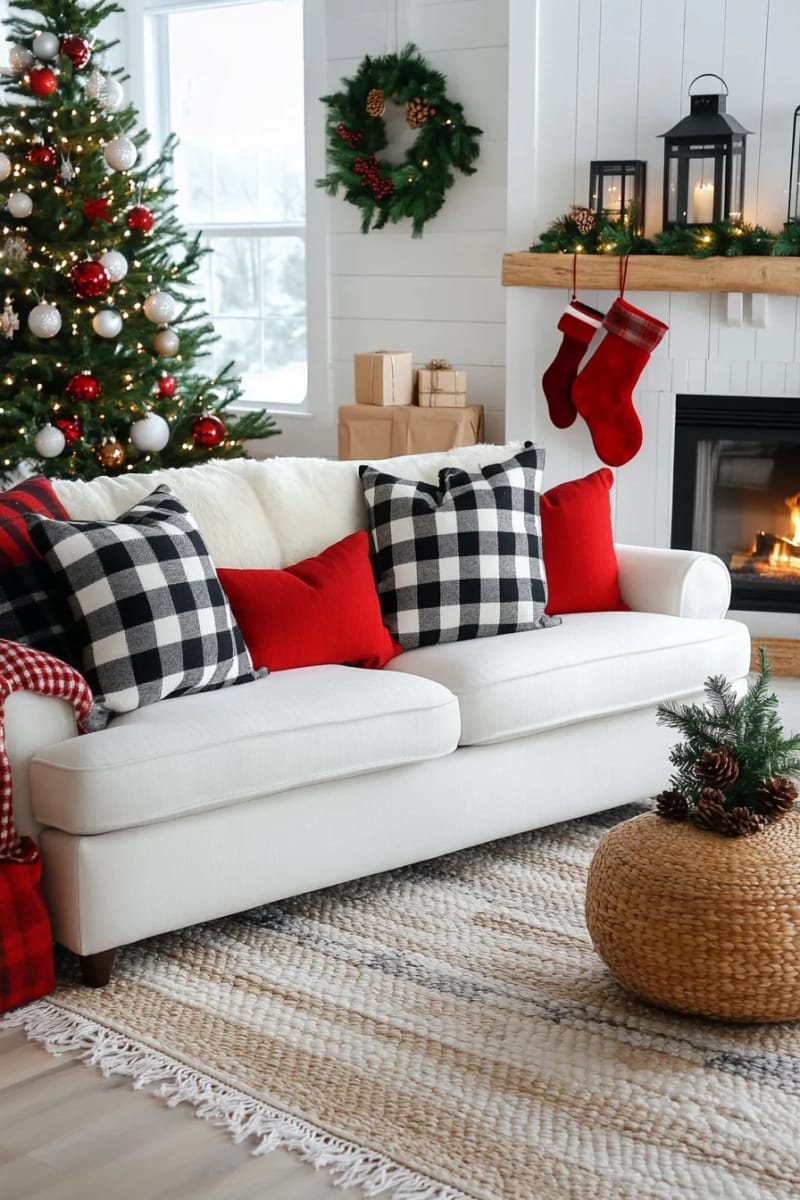 black and white buffalo plaid pillows on a cozy christmas living room sofa 1