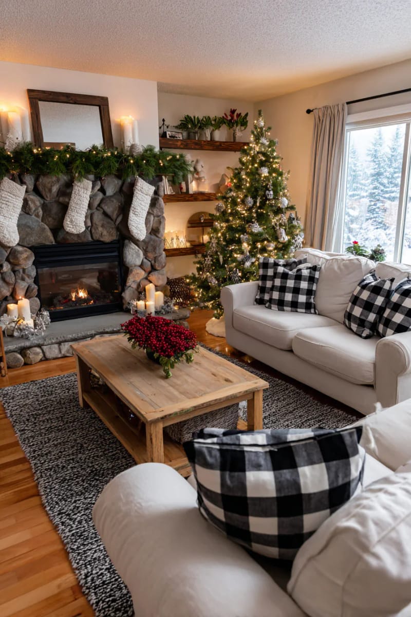 black and white buffalo plaid pillows on a cozy christmas living room sofa 1