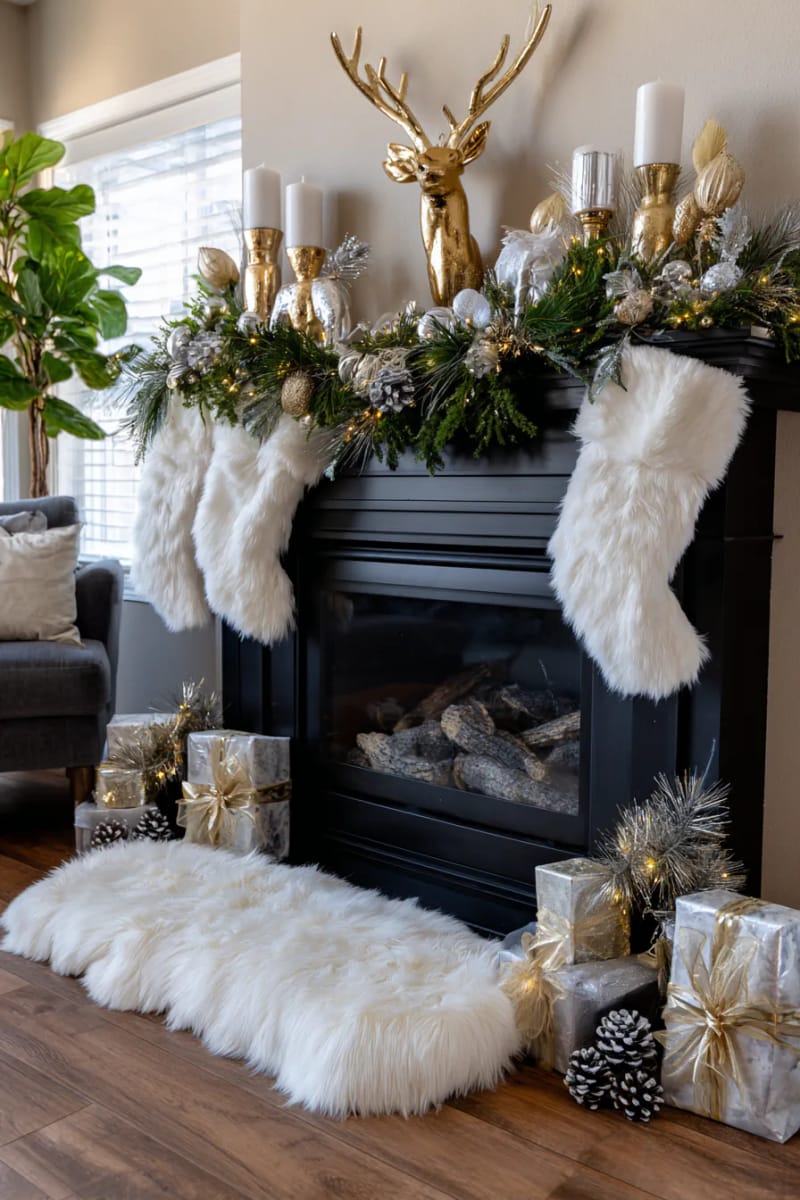 black fireplace contrasted by white faux fur and metallic accent pieces 1