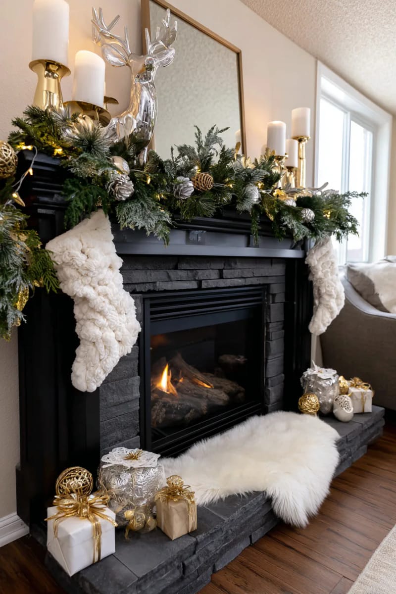 black fireplace contrasted by white faux fur and metallic accent pieces 1