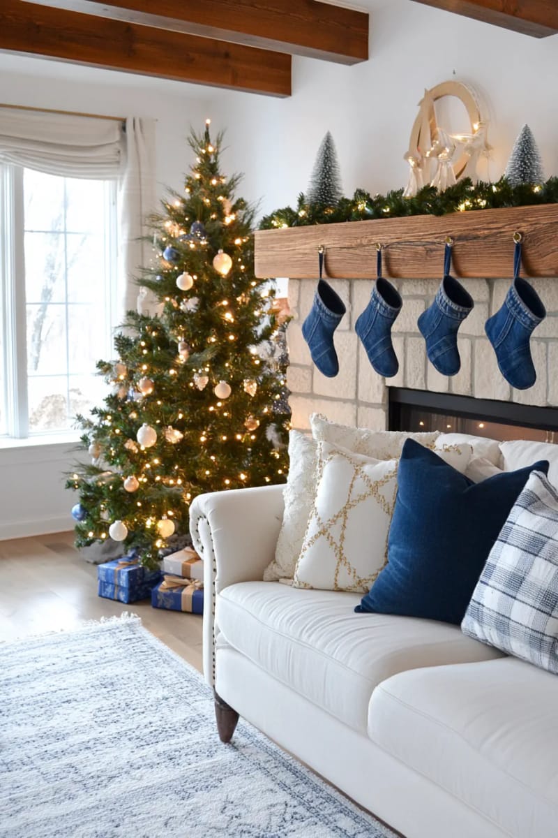 blue jean elf shoes strung together for a playful garland 1