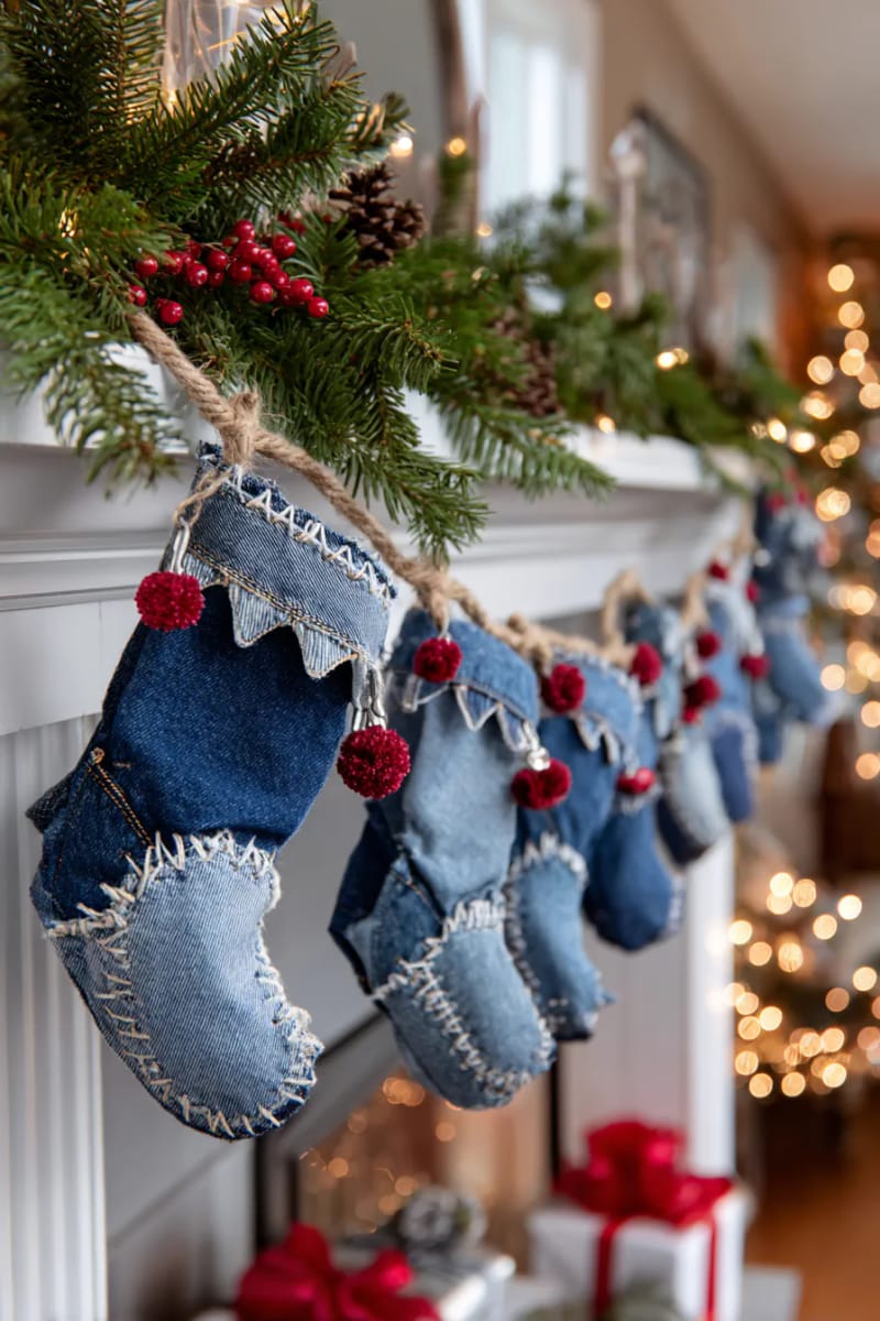 blue jean elf shoes strung together for a playful garland 1