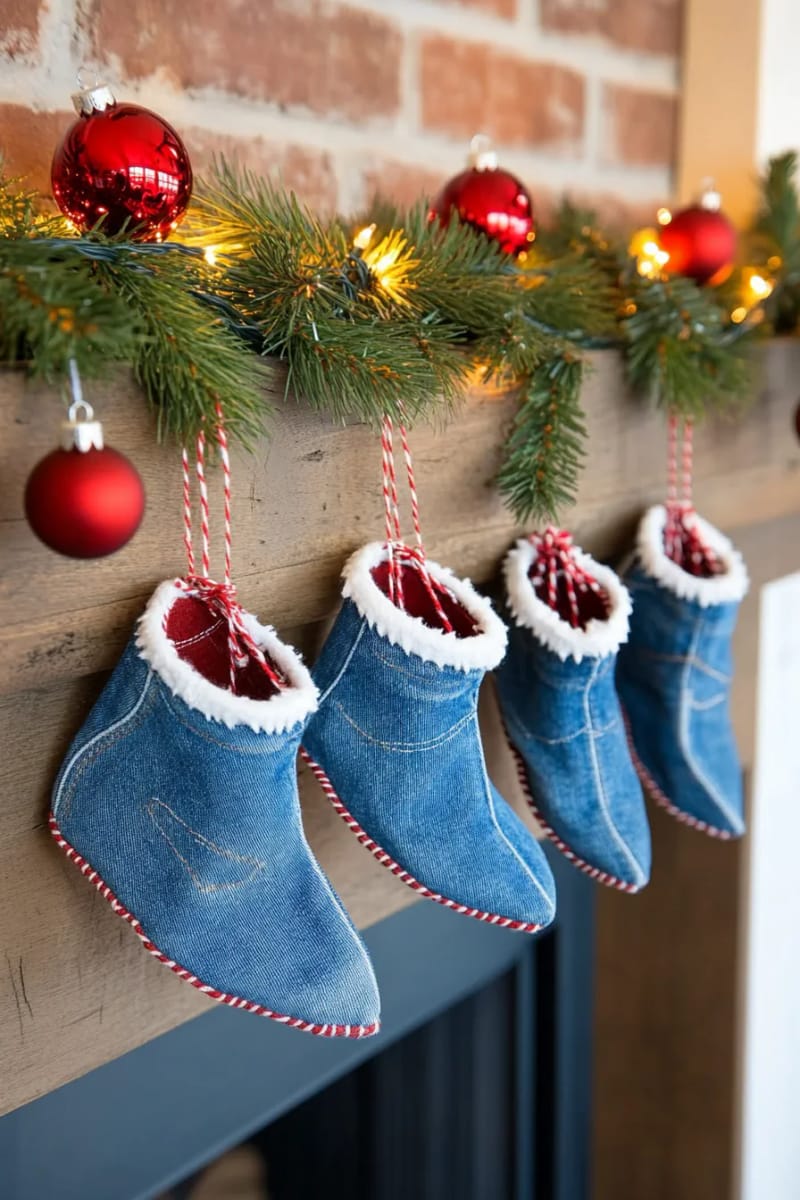 blue jean elf shoes strung together for a playful garland 1