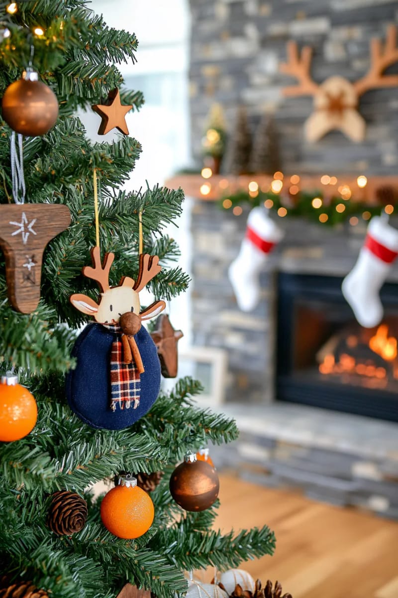 blue jean reindeer ornaments with cinnamon stick antlers and plaid scarves 1