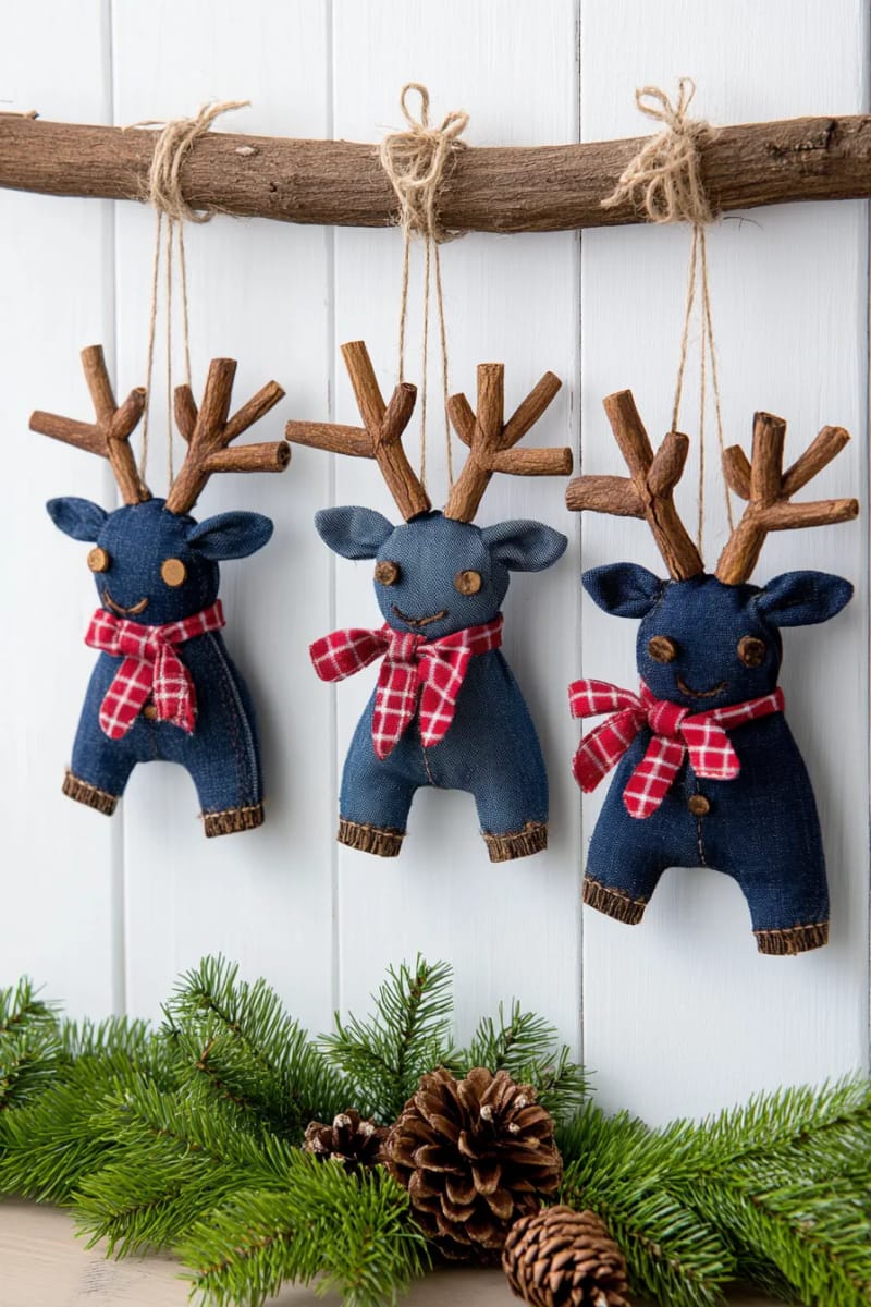 blue jean reindeer ornaments with cinnamon stick antlers and plaid scarves 1