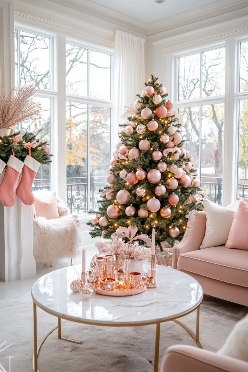 23 Elegant Christmas Decor Ideas You’ve Never Seen Before 33 blush and rose gold ornaments for a soft, romantic tree palette 1