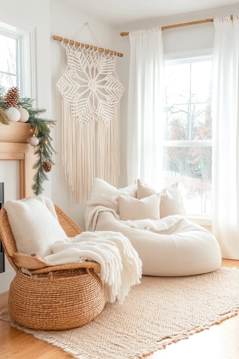 boho macramé snowflake wall hanging in soft neutral cotton cord 1