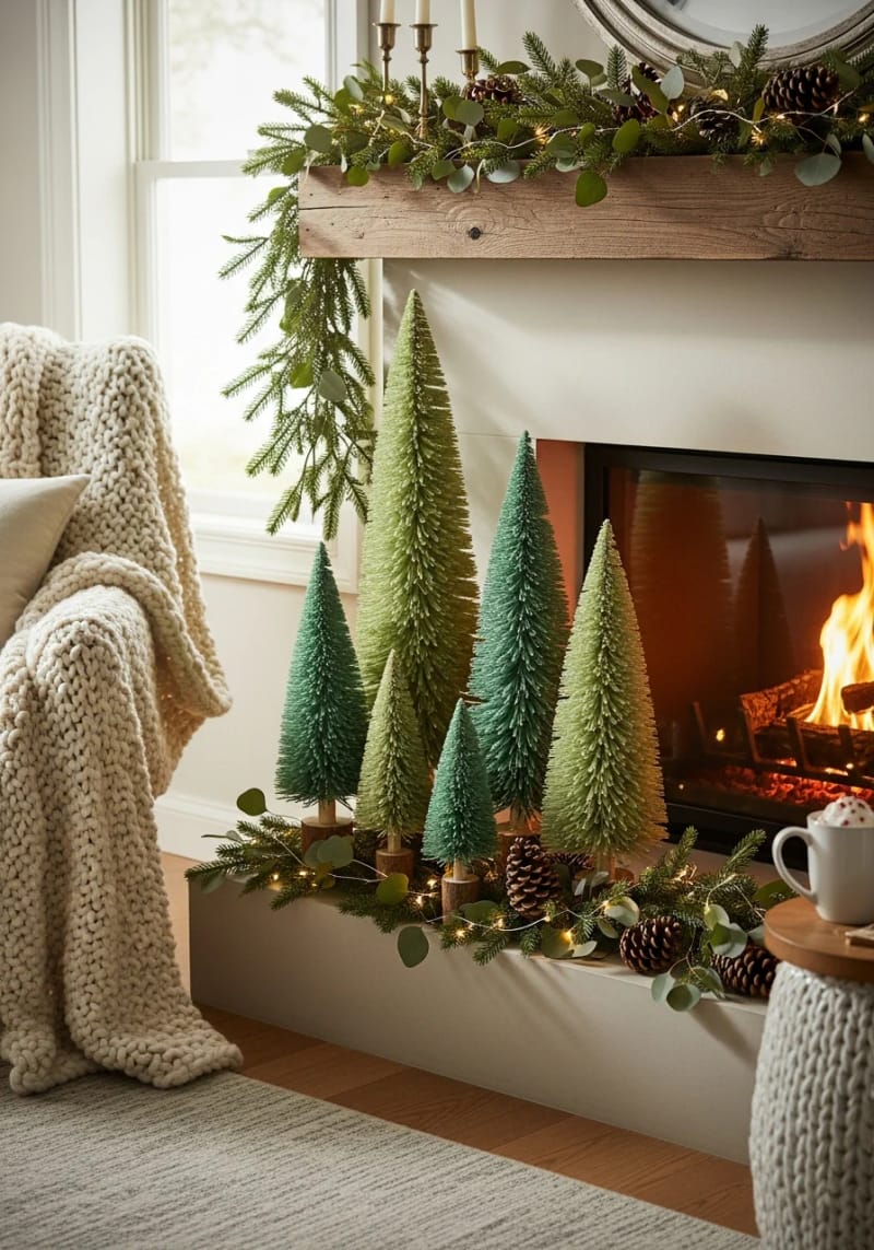 25 Green Christmas Fireplace Decor Ideas for a Fresh and Festive Mantel 12 bottle-brush trees in varying green shades clustered on the hearth 1