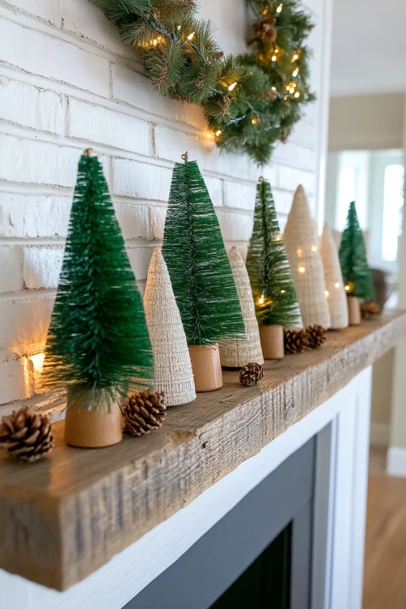 25 Green Christmas Fireplace Decor Ideas for a Fresh and Festive Mantel 13 bottle-brush trees in varying green shades clustered on the hearth 1