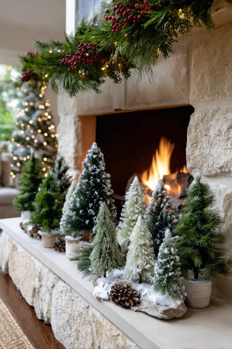25 Green Christmas Fireplace Decor Ideas for a Fresh and Festive Mantel 14 bottle-brush trees in varying green shades clustered on the hearth 1