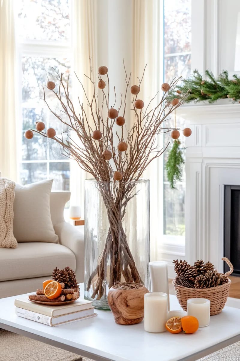 branches arranged in a vase with wooden ornaments 1
