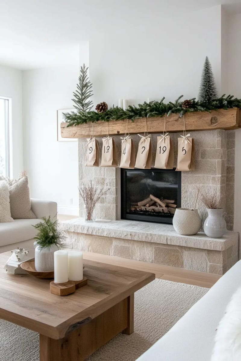 31 Elegant Minimalist Christmas Decor Ideas to Inspire 44 brown kraft paper advent calendar bags clipped to a twine garland 1