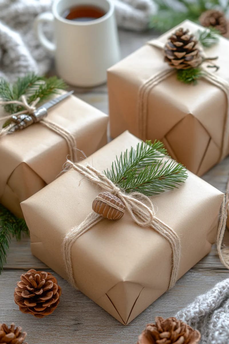 brown kraft paper gift wrap tied with foraged greenery sprigs 1
