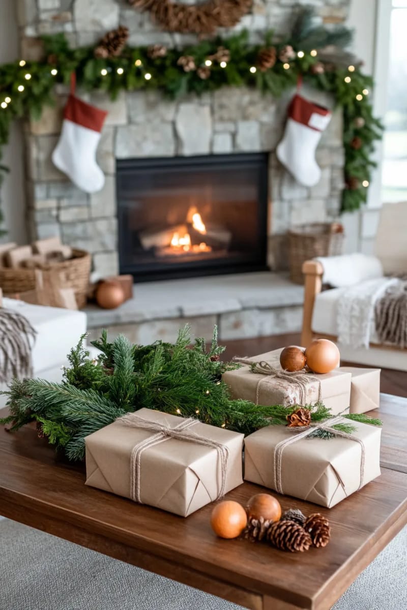 brown kraft paper gift wrap tied with foraged greenery sprigs 1