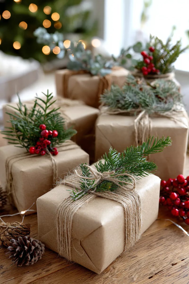 brown kraft paper gift wrap tied with foraged greenery sprigs 1