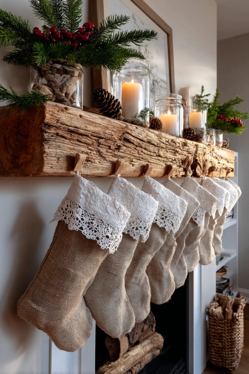 burlap and lace stockings hung on a reclaimed wood mantel 1