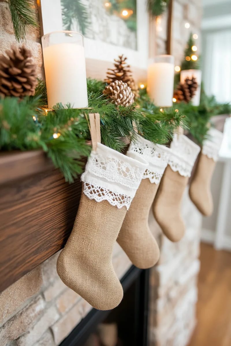 burlap and lace stockings hung on a reclaimed wood mantel 1