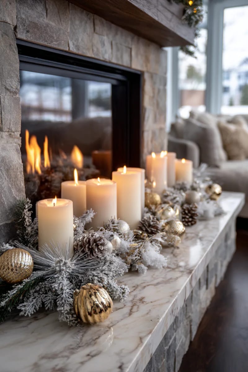 candle-filled fireplace with frosted pine branches and shimmering gold ornaments 1