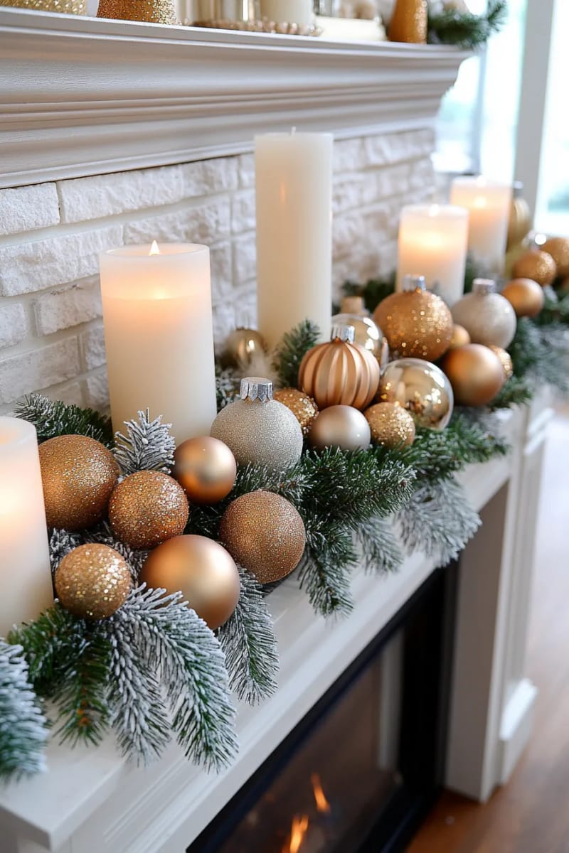candle-filled fireplace with frosted pine branches and shimmering gold ornaments 1