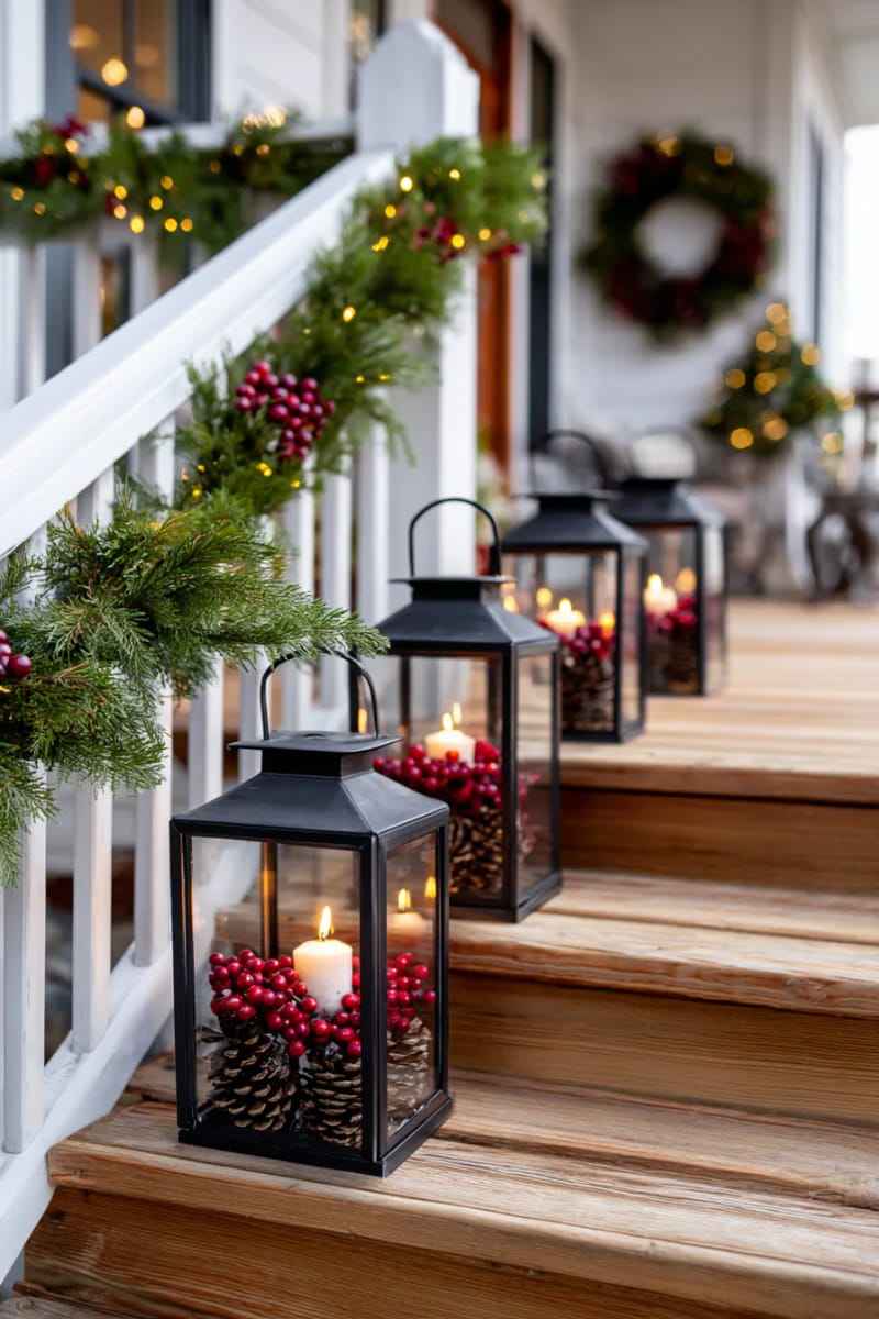 candlelit lanterns filled with pinecones and cranberries on porch steps 1