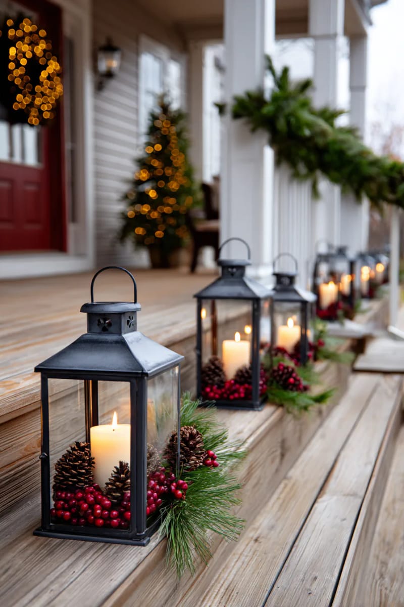 candlelit lanterns filled with pinecones and cranberries on porch steps 1