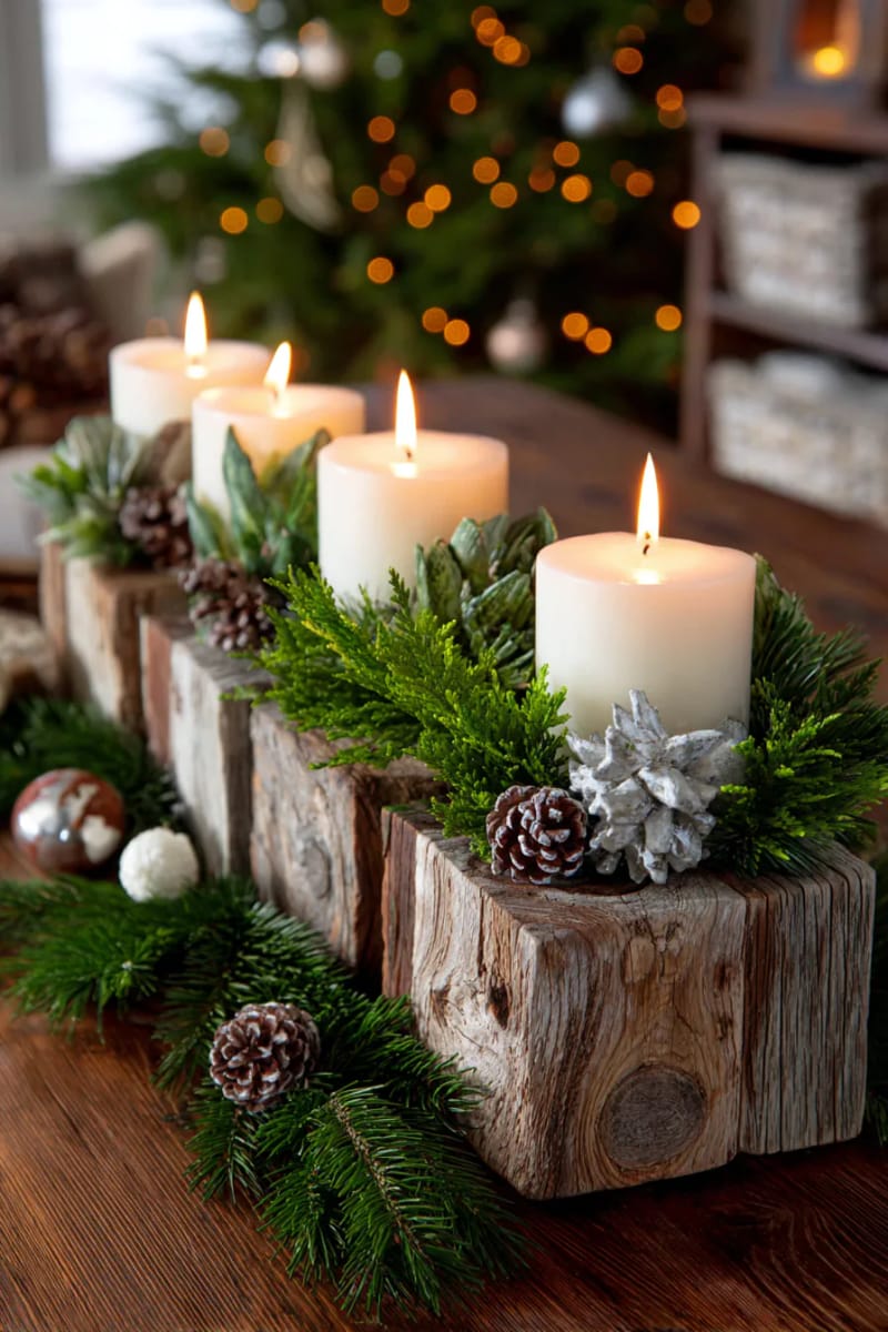 candles in reclaimed wooden holders surrounded by fresh cedar 1