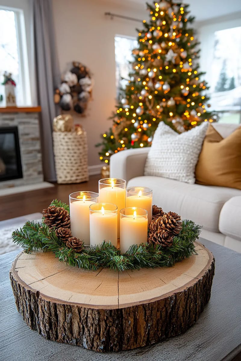 candles in reclaimed wooden holders surrounded by fresh cedar 1