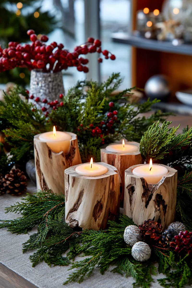 candles in reclaimed wooden holders surrounded by fresh cedar 1
