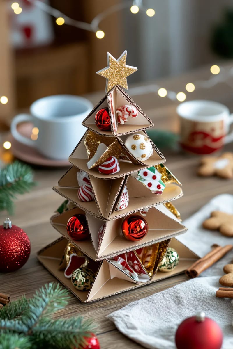 29 Upcycled Christmas Crafts For Unique Holiday DIY Projects 59 cardboard christmas tree centerpiece layered with gold foil candy wrappers 1