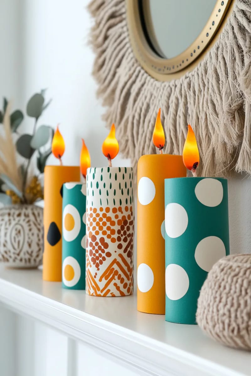 29 Upcycled Christmas Crafts For Unique Holiday DIY Projects 30 cardboard tube retro candles with painted flames for mantel display 1