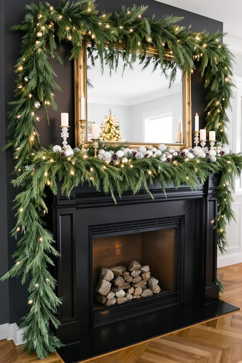 23 Elegant Christmas Decor Ideas You’ve Never Seen Before 38 cascading greenery garlands draped over a classic black fireplace mantel 1