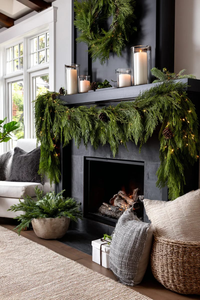 25 Green Christmas Fireplace Decor Ideas for a Fresh and Festive Mantel 15 cedar garland cascading down both sides of a dark-painted fireplace 1