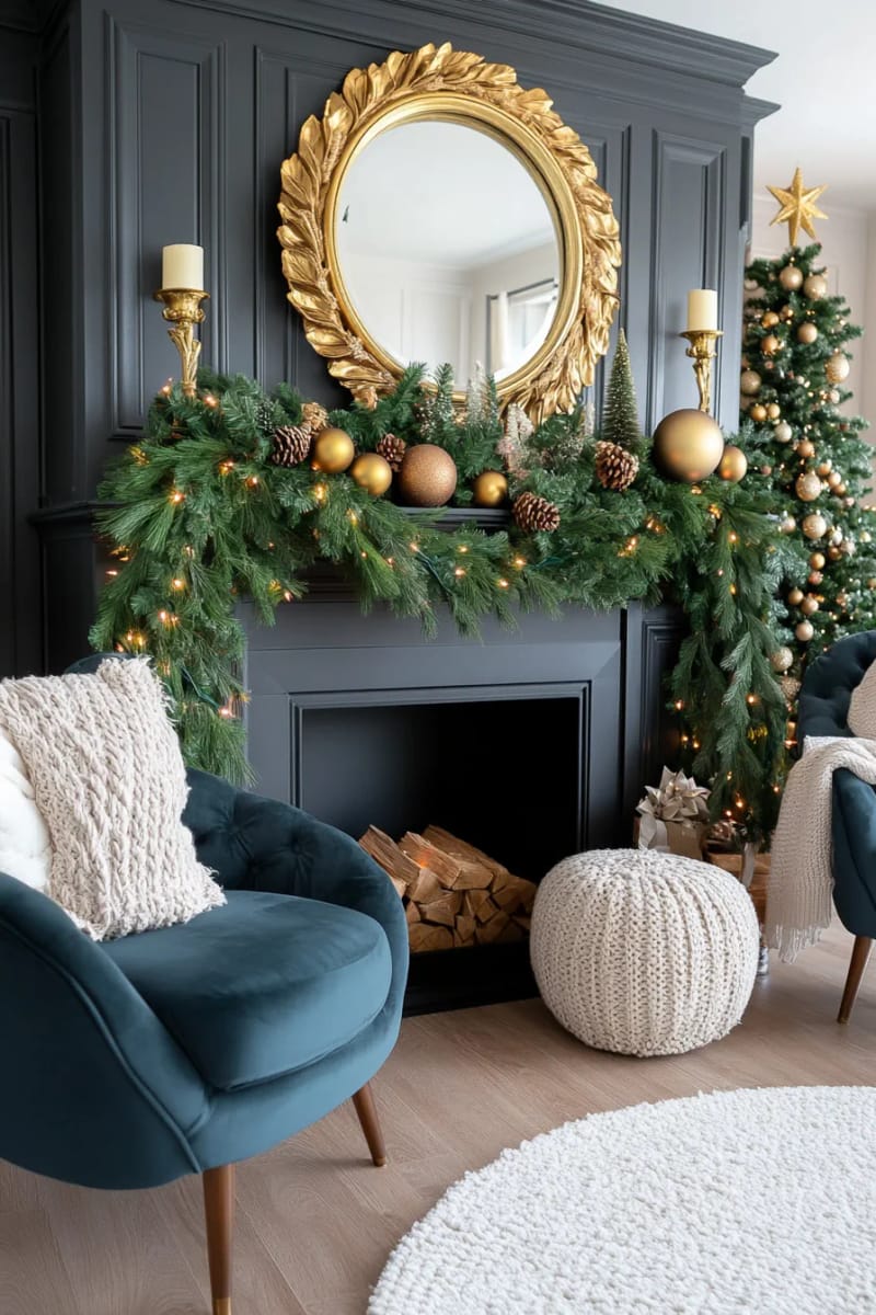 25 Green Christmas Fireplace Decor Ideas for a Fresh and Festive Mantel 16 cedar garland cascading down both sides of a dark-painted fireplace 1