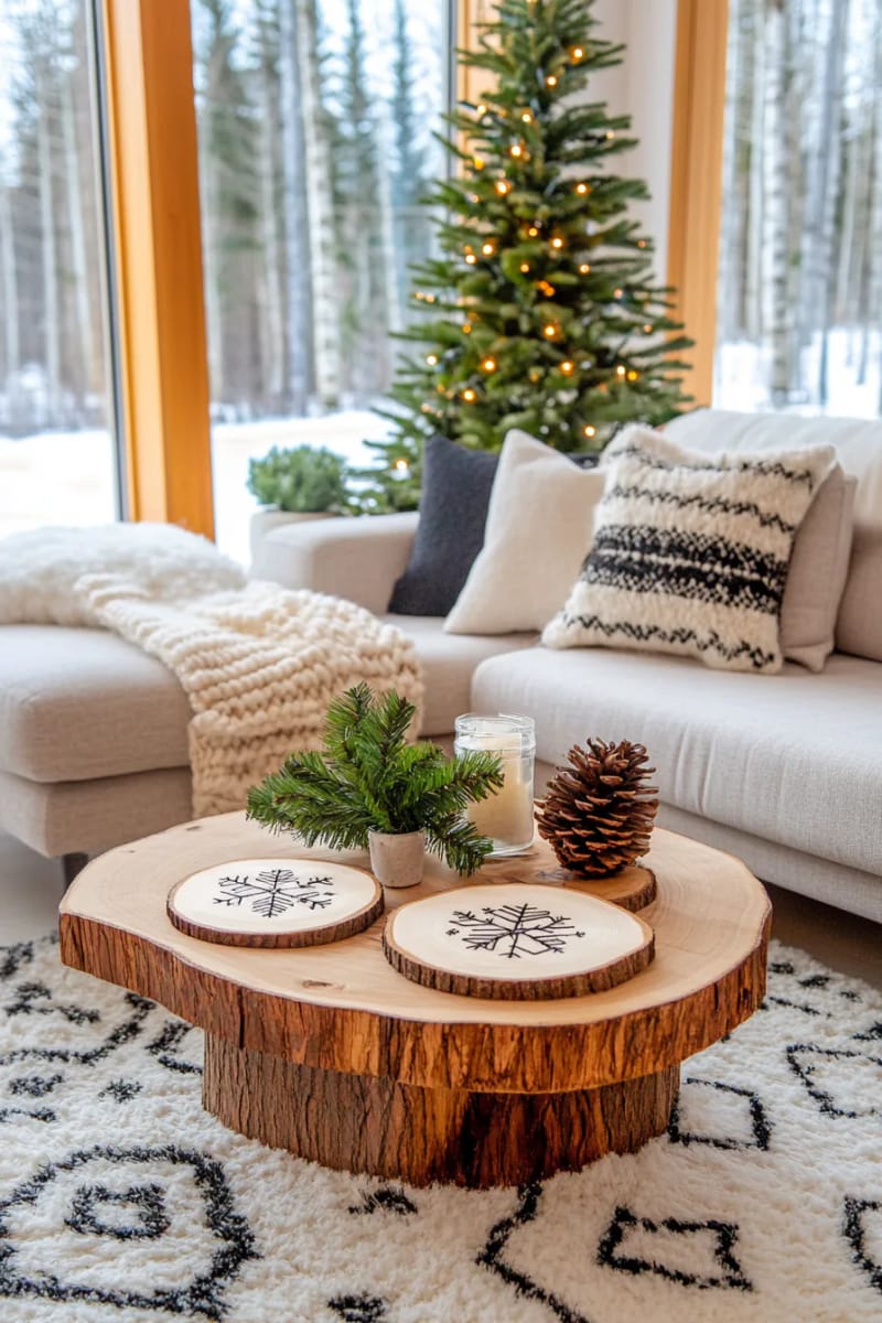 cedar slice ornaments with hand-burned holiday illustrations. 1