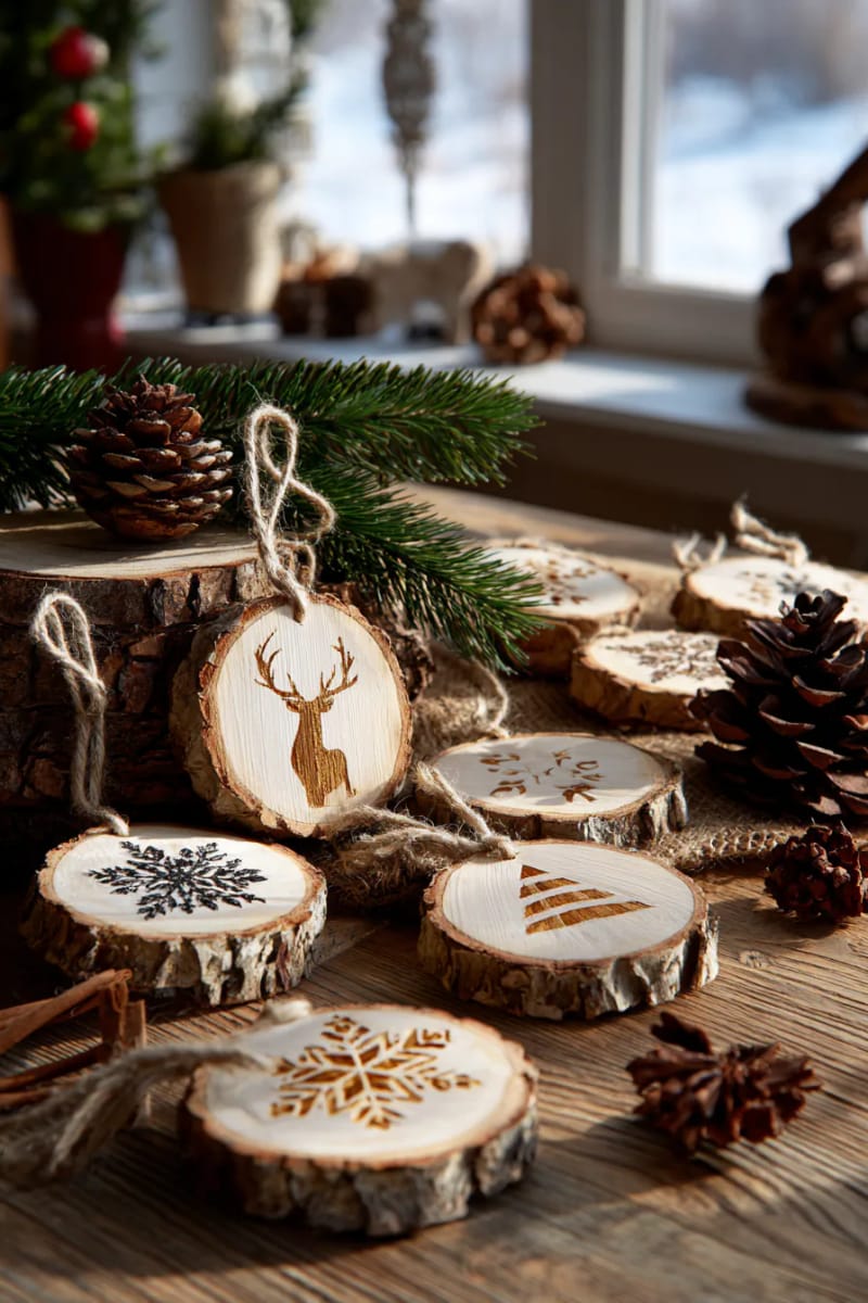 cedar slice ornaments with hand-burned holiday illustrations. 1