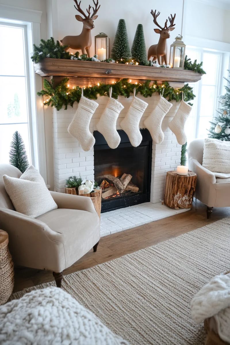 ceramic reindeer figurines on a rustic wooden mantle shelf 1