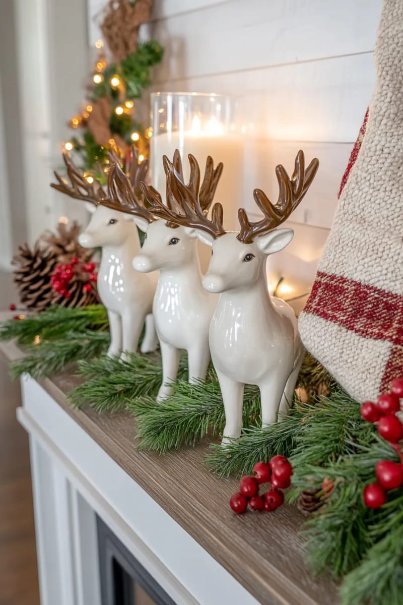 ceramic reindeer figurines on a rustic wooden mantle shelf 1
