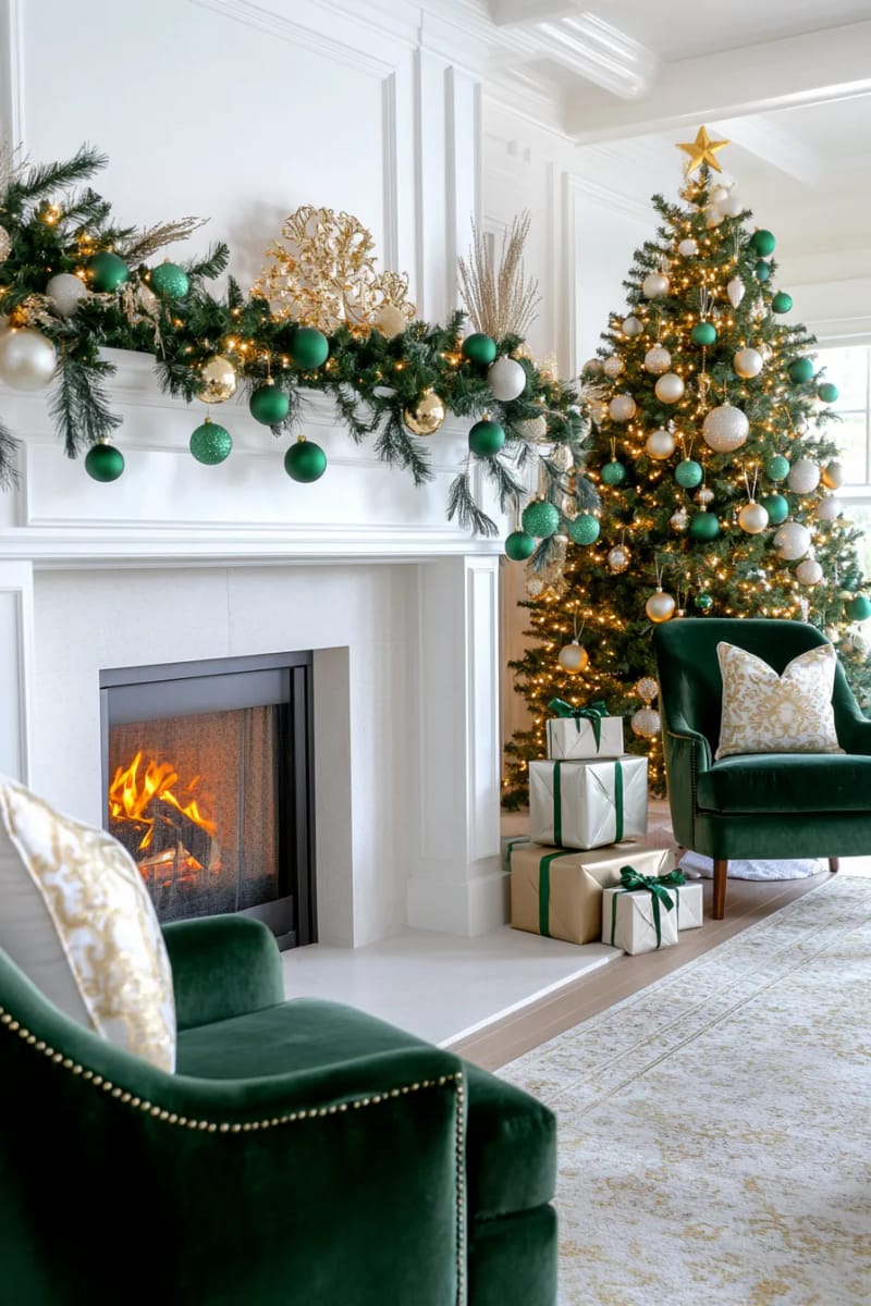 25 Green Christmas Fireplace Decor Ideas for a Fresh and Festive Mantel 36 chartreuse and emerald ornaments suspended from the mantel edge 1