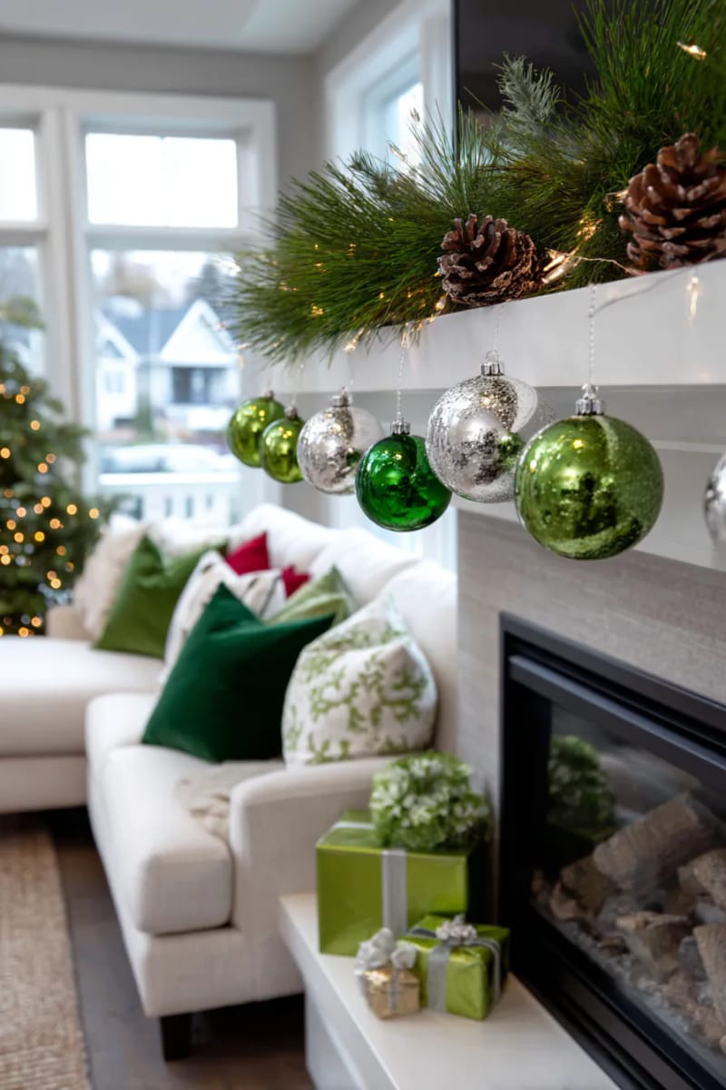 25 Green Christmas Fireplace Decor Ideas for a Fresh and Festive Mantel 37 chartreuse and emerald ornaments suspended from the mantel edge 1