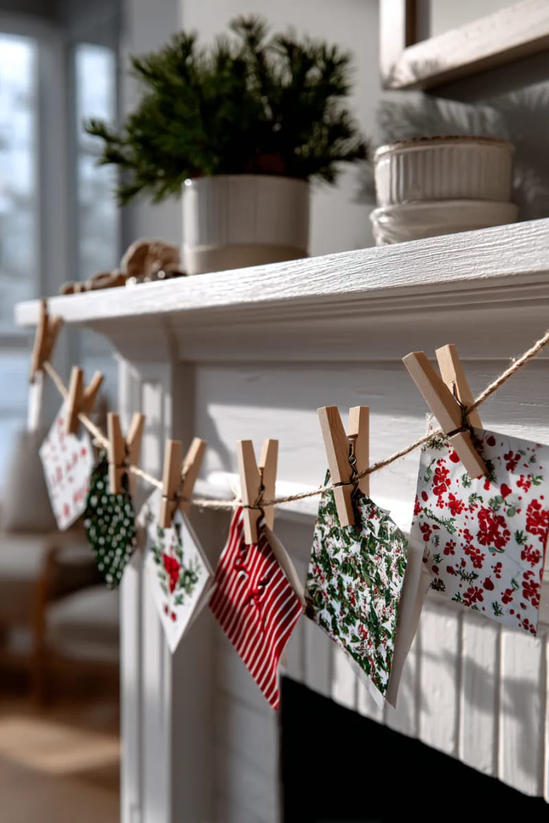 29 Upcycled Christmas Crafts For Unique Holiday DIY Projects 68 christmas card bunting strung across the mantle with mini clothespins 1