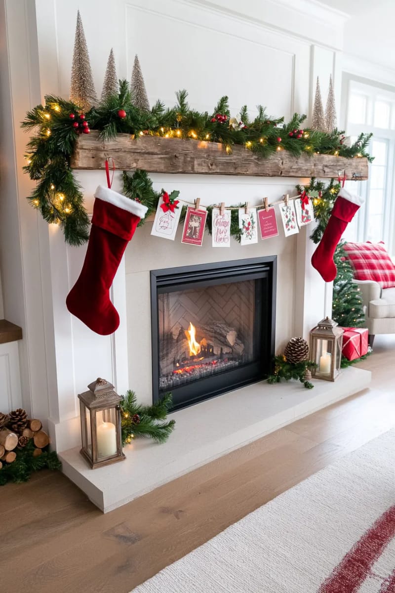 29 Upcycled Christmas Crafts For Unique Holiday DIY Projects 69 christmas card bunting strung across the mantle with mini clothespins 1