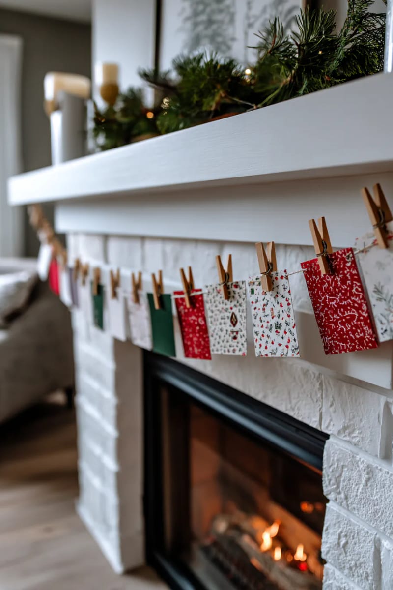29 Upcycled Christmas Crafts For Unique Holiday DIY Projects 70 christmas card bunting strung across the mantle with mini clothespins 1